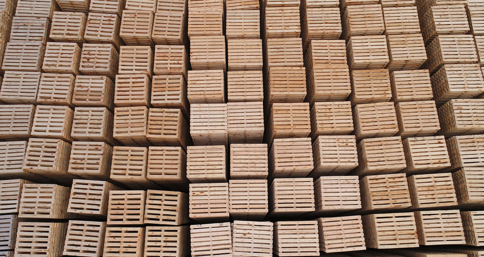 Vista aérea de pallets de madeira empilhados e prontos para expedição